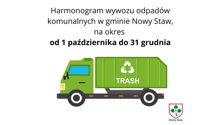 Okresowy harmonogram wywozu odpadów komunalnych w Gminie Nowy Staw.