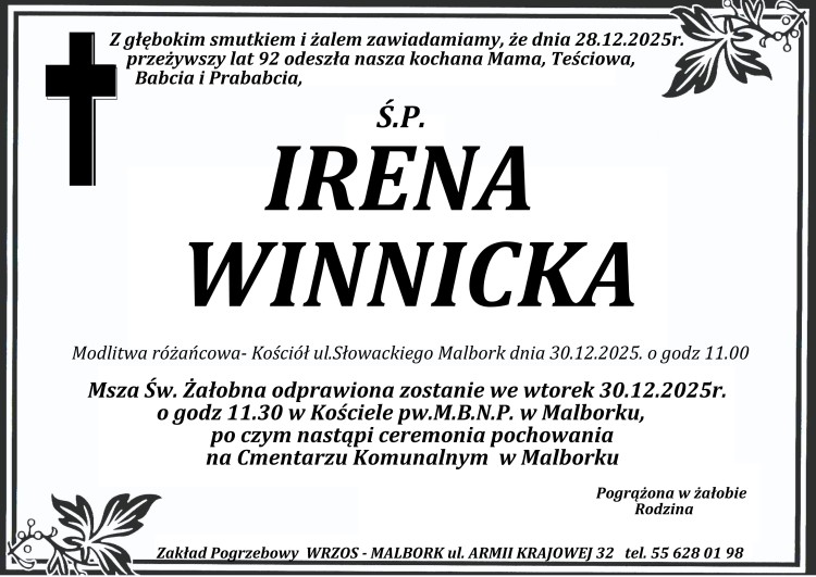 Zmarła Irena Winnicka. Miała 92 lata.