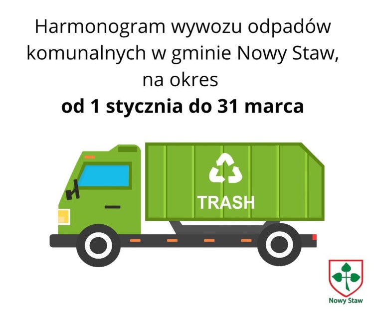 Okresowy harmonogram wywozu odpadów komunalnych w Gminie Nowy Staw na 2026 rok.