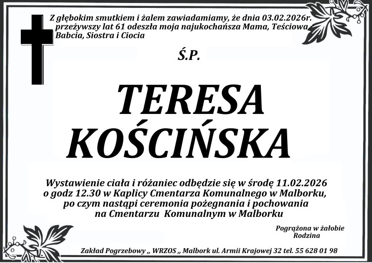 Zmarła Teresa Kościńska. Żyła 61 lat.