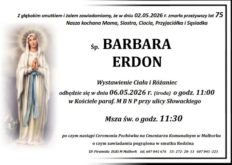 Zmarła Barbara Erdon. Miała 75 lat.