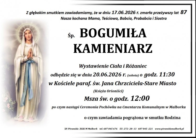 Zmarła Bogumiła Kamieniarz. Miała 87 lat.