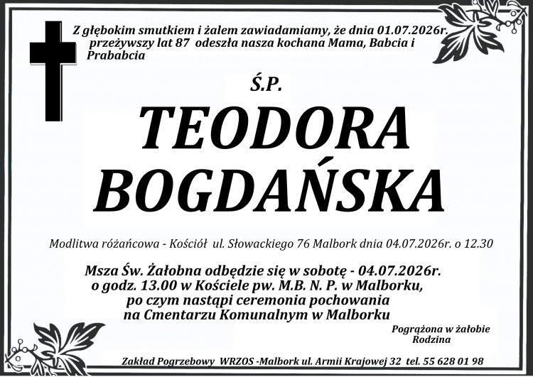 Zmarła Teodora Bogdańska. Miała 87 lat.