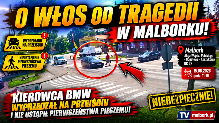 O włos od tragedii w Malborku. Kierowca BMW wyprzedzał na przejściu i nie ustąpił pierwszeństwa pieszemu