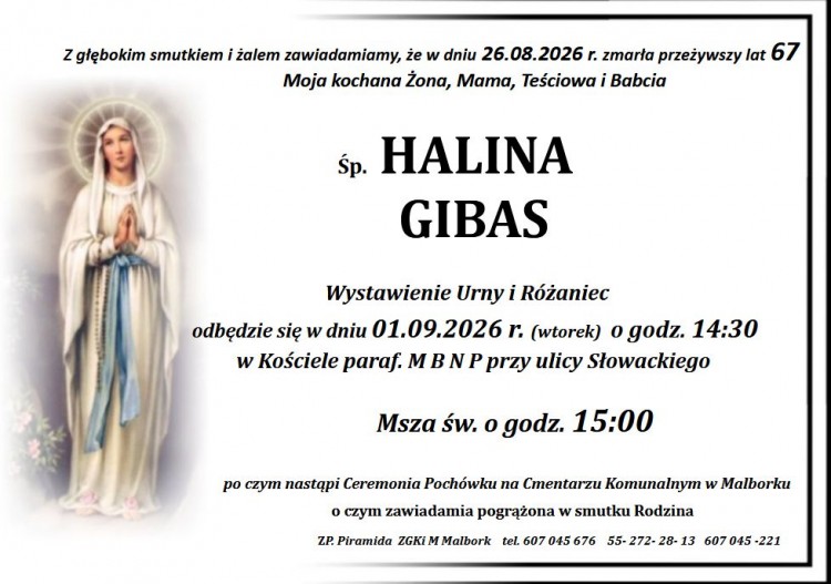 Zmarła Halina Gibas. Miała 67 lat.