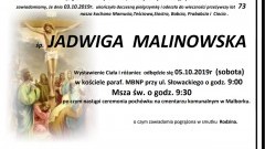 Zmarła Jadwiga Malinowska. Żyła 73 lata.