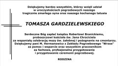 Podziękowanie za udział w ceremonii pogrzebowej śp. Tomasza Gardzielewskiego.