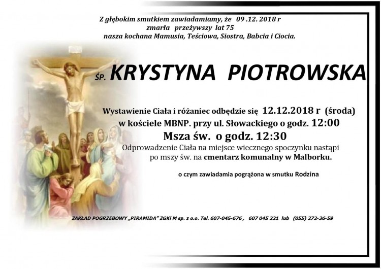 Zmarła Krystyna Piotrowska. Żyła 75 lat.