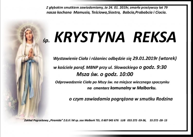 Zmarła Krystyna Reksa. Żyła 79 lat.