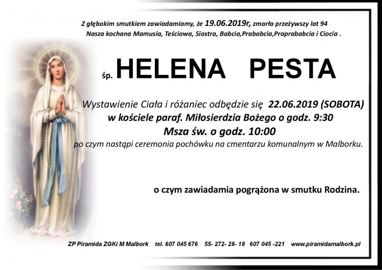 Zmarła Helena Pesta. Żyła 94 lata.