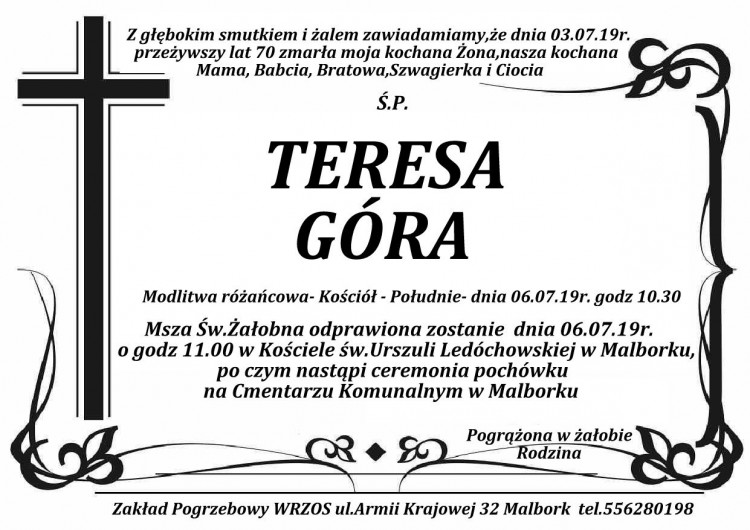 Zmarła Teresa Góra. Żyła 70 lat.