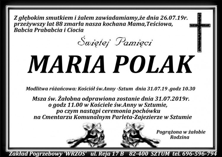 Zmarła Maria Polak. Żyła 88 lat