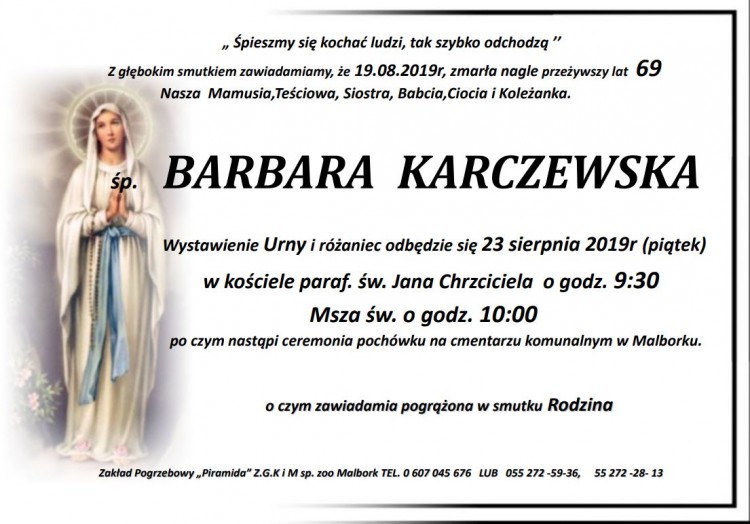 Zmarła Barbara Karczewska. Żyła 69 lat.