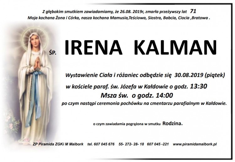 Zmarła Irena Kalman. Żyła 71 lat.