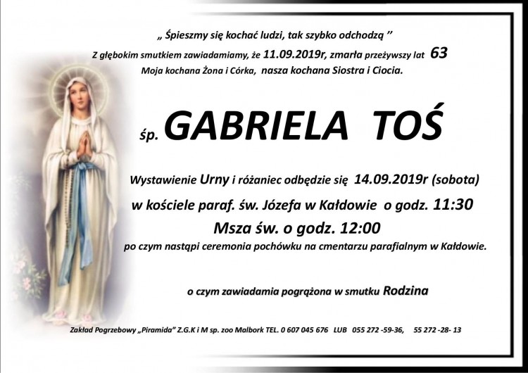 Zmarła Gabriela Toś. Żyła 63 lata.