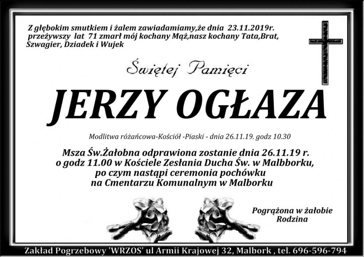 Zmarł Jerzy Ogłaza. Żył 71 lat.