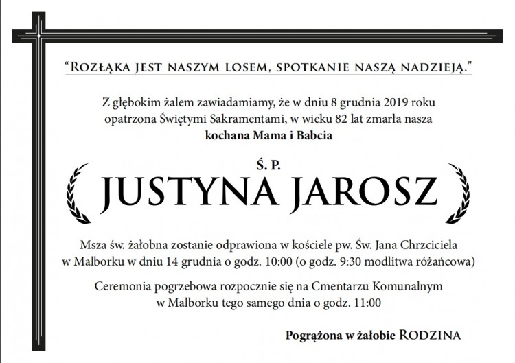 Zmarła Justyna Jarosz. Żyła 82 lata.