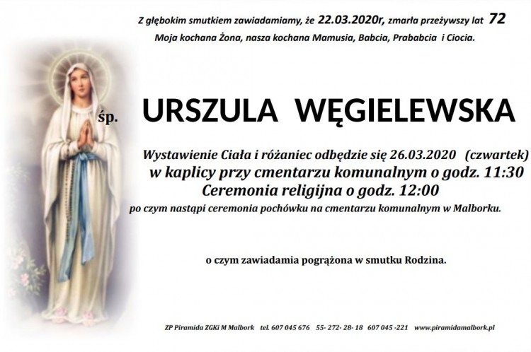 Zmarła Urszula Węgielewska. Żyła 72 lata.