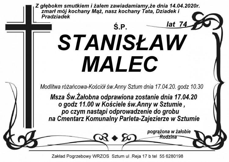 Zmarł Stanisław Malec. Żył 74 lata.