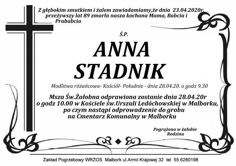 Zmarła Anna Stadnik. Żyła 89 lat.