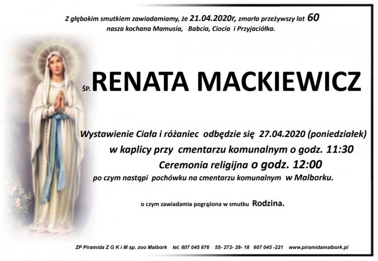 Zmarła Renata Mackiewicz. Żyła 60 lat.