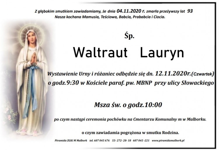 Zmarła Waltraut Lauryn. Żyła 93 lata.