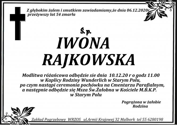 Zmarła Iwona Rajkowska. Żyła 54 lata.