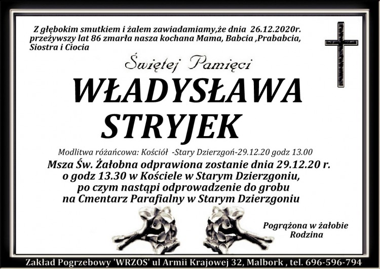 Zmarła Władysława Stryjek. Żyła 86 lat.