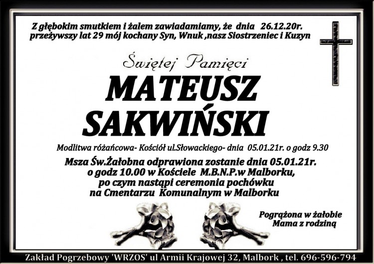 Zmarł Mateusz Sakwiński. Żył 29 lat.