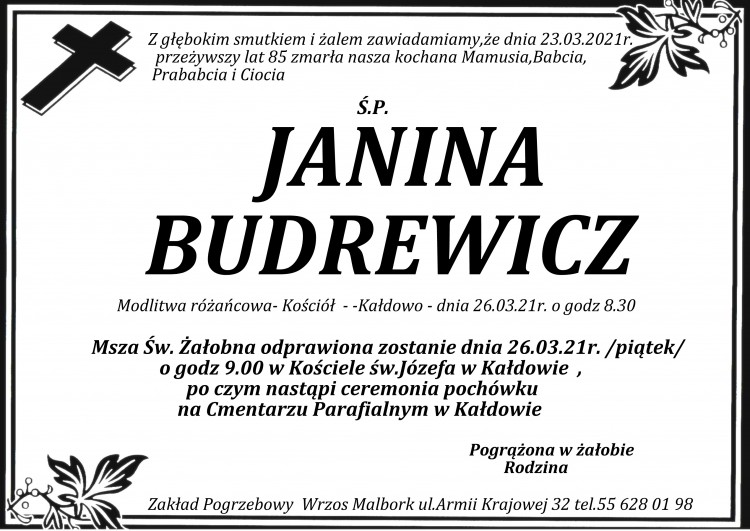 Zmarła Janina Budrewicz. Żyła 85 lat.