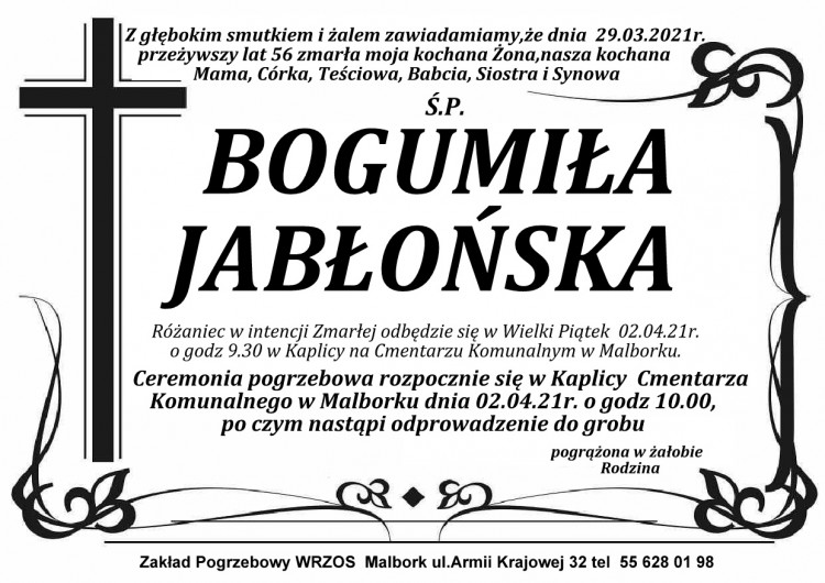 Zmarła Bogumiła Jabłońska. Żyła 56 lat.