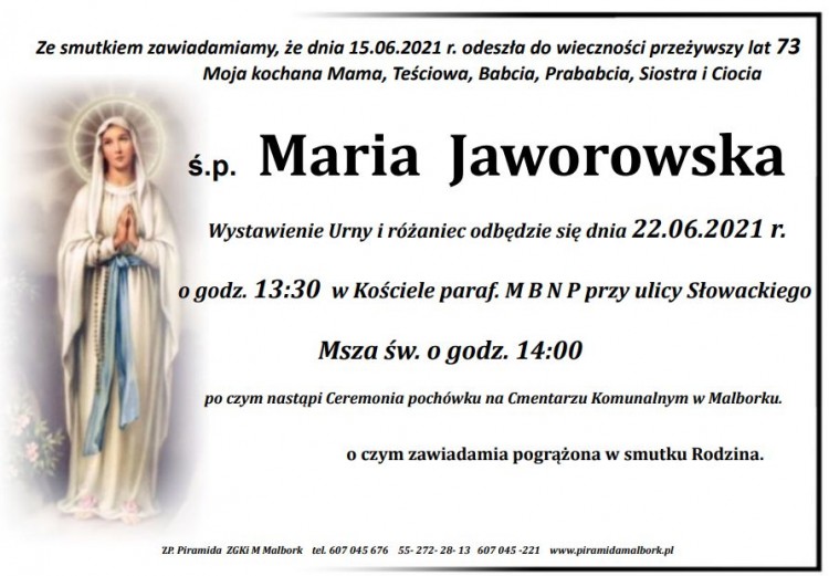 Zmarła Maria Jaworowska. Żyła 73 lata.