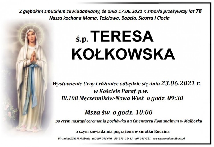 Zmarła Teresa Kołkowska. Żyła 78 lat.