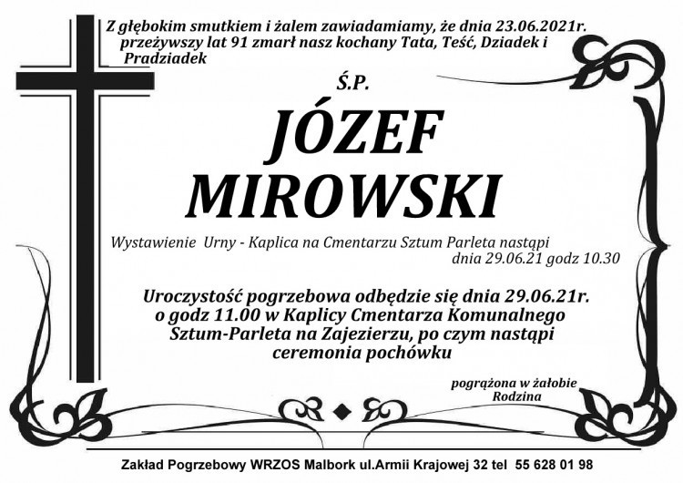 Zmarł Józef Mirowski. Żył 91 lat.