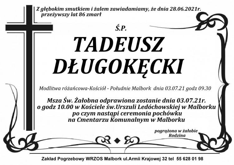 Zmarł Tadeusz Długokęcki. Żył 86 lat.
