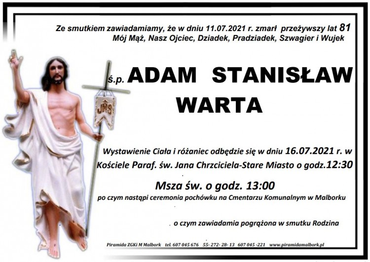 Zmarł Adam Stanisław Warta. Żył 81 lat.