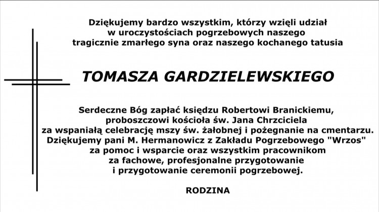 Podziękowanie za udział w ceremonii pogrzebowej śp. Tomasza Gardzielewskiego.