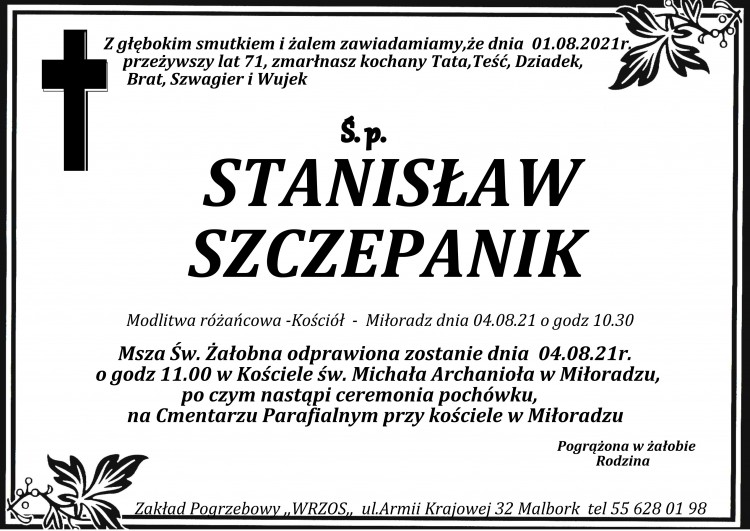 Zmarł Stanisław Szczepanik. Żył 71 lat.