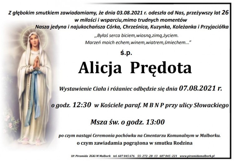 Zmarła Alicja Prędota. Żyła 26 lat.