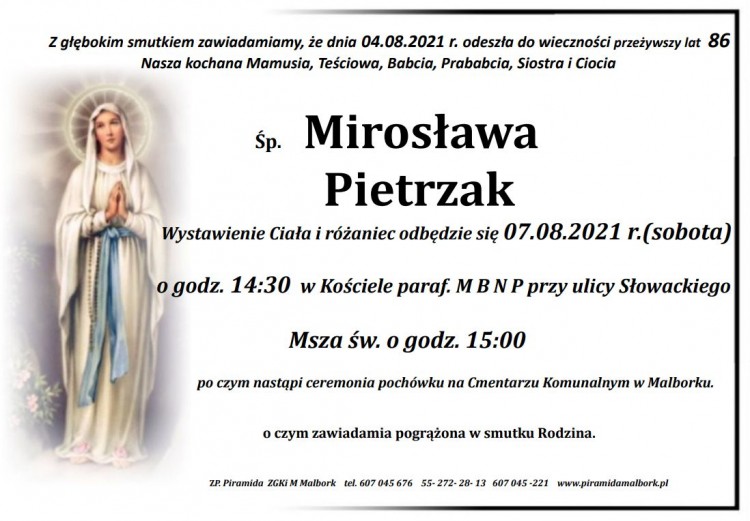 Zmarła Mirosława Pietrzak. Żyła 86 lat.