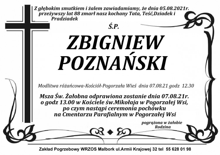 Zmarł Zbigniew Poznański. Żył 88 lat.