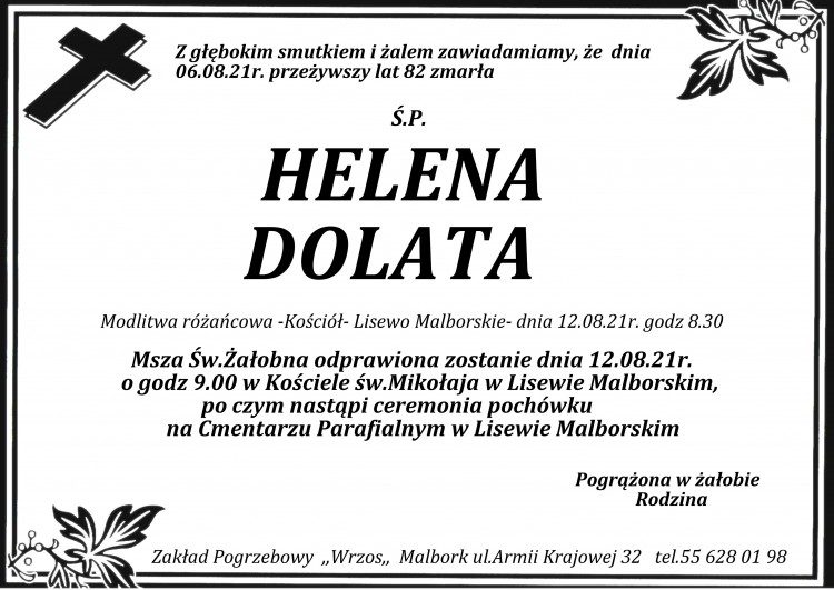 Zmarła Helena Dolata. Żyła 82 lata.