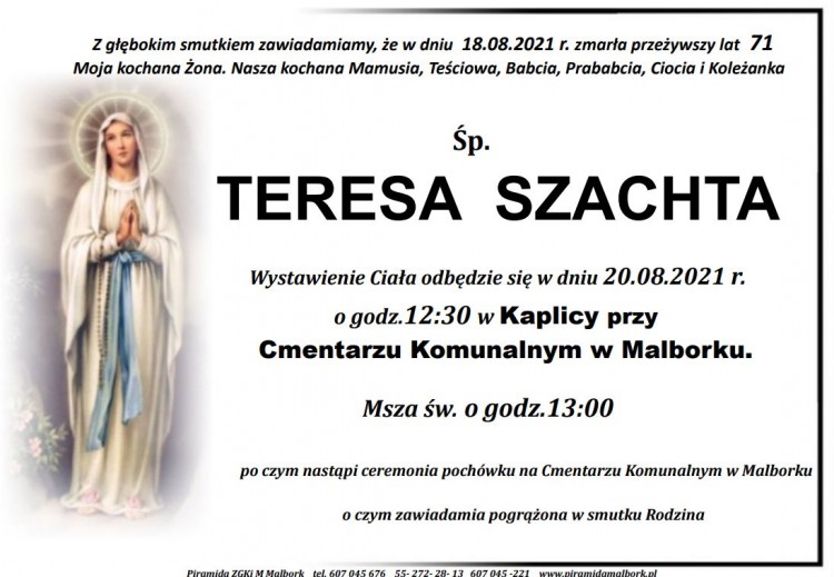 Zmarła Teresa Szachta. Żyła 71 lat.