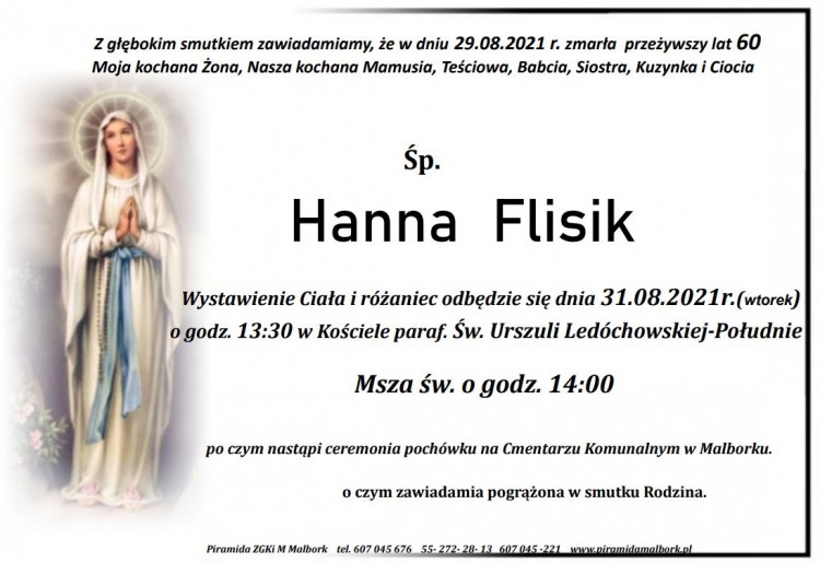 Zmarła Hanna Flisik. Żyła 60 lat.