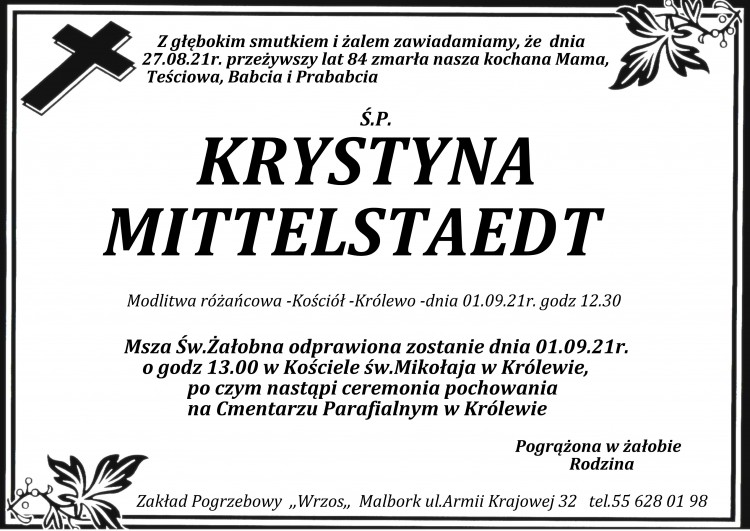 Zmarła Krystyna Mittelstaedt. Żyła 84 lata.