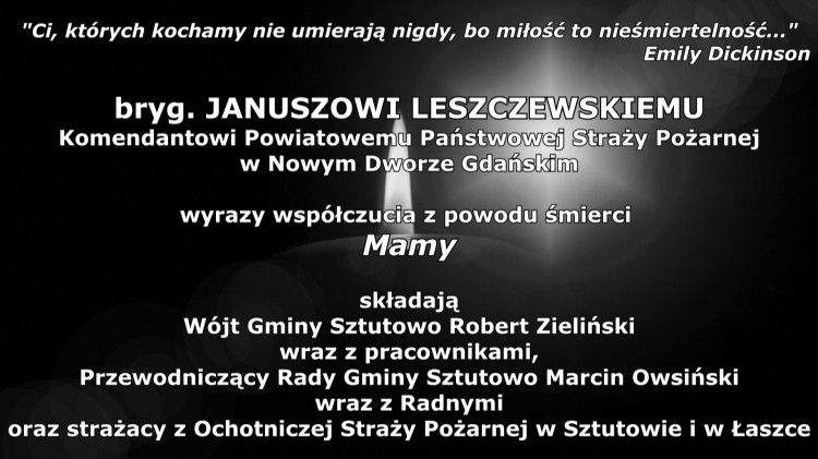 Kondolencje Wójta Gminy Sztutowo, pracowników Urzędu Gminy, Przewodniczącego&#8230;