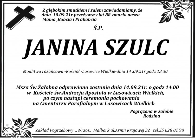 Zmarła Janina Szulc. Żyła 88 lat.