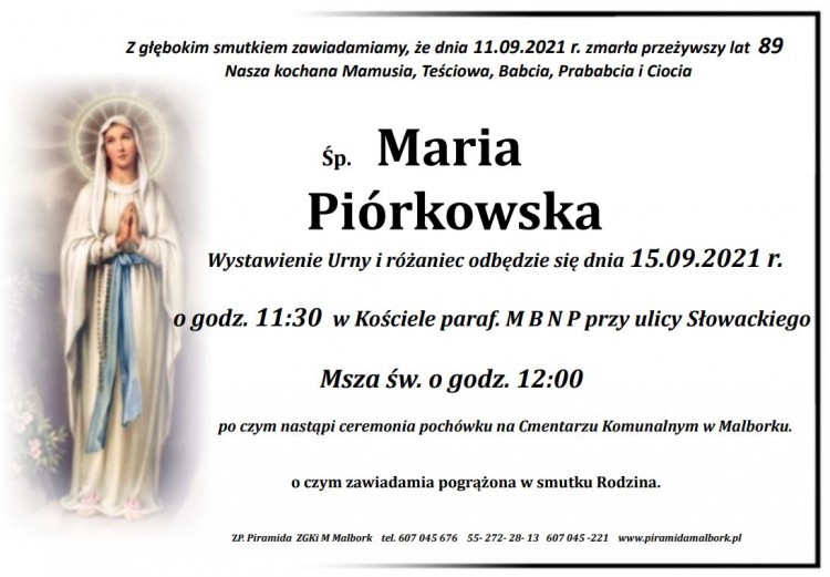 Zmarła Maria Piórkowska. Żyła 89 lat.