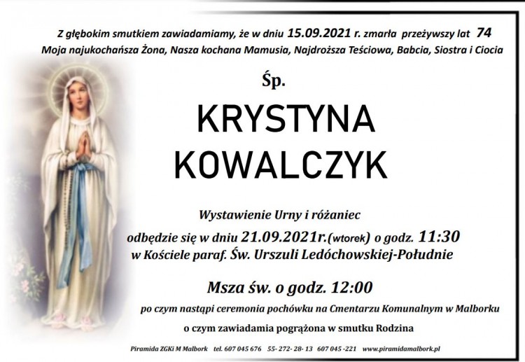 Zmarła Krystyna Kowalczyk. Żyła 74 lata.