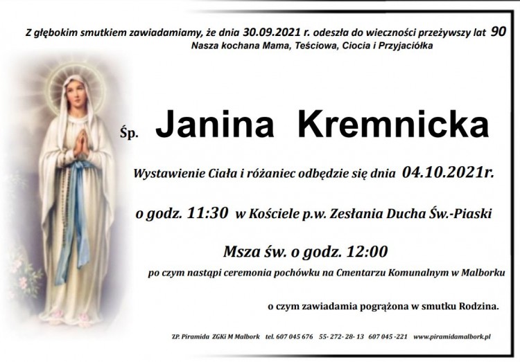 Zmarła Janina Kremnicka. Żyła 90 lat.
